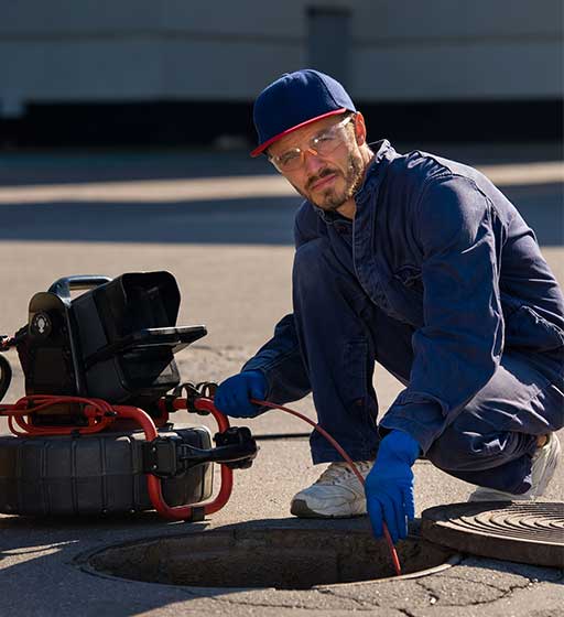 a plumbing technician holding a portable camera through a sewer system 